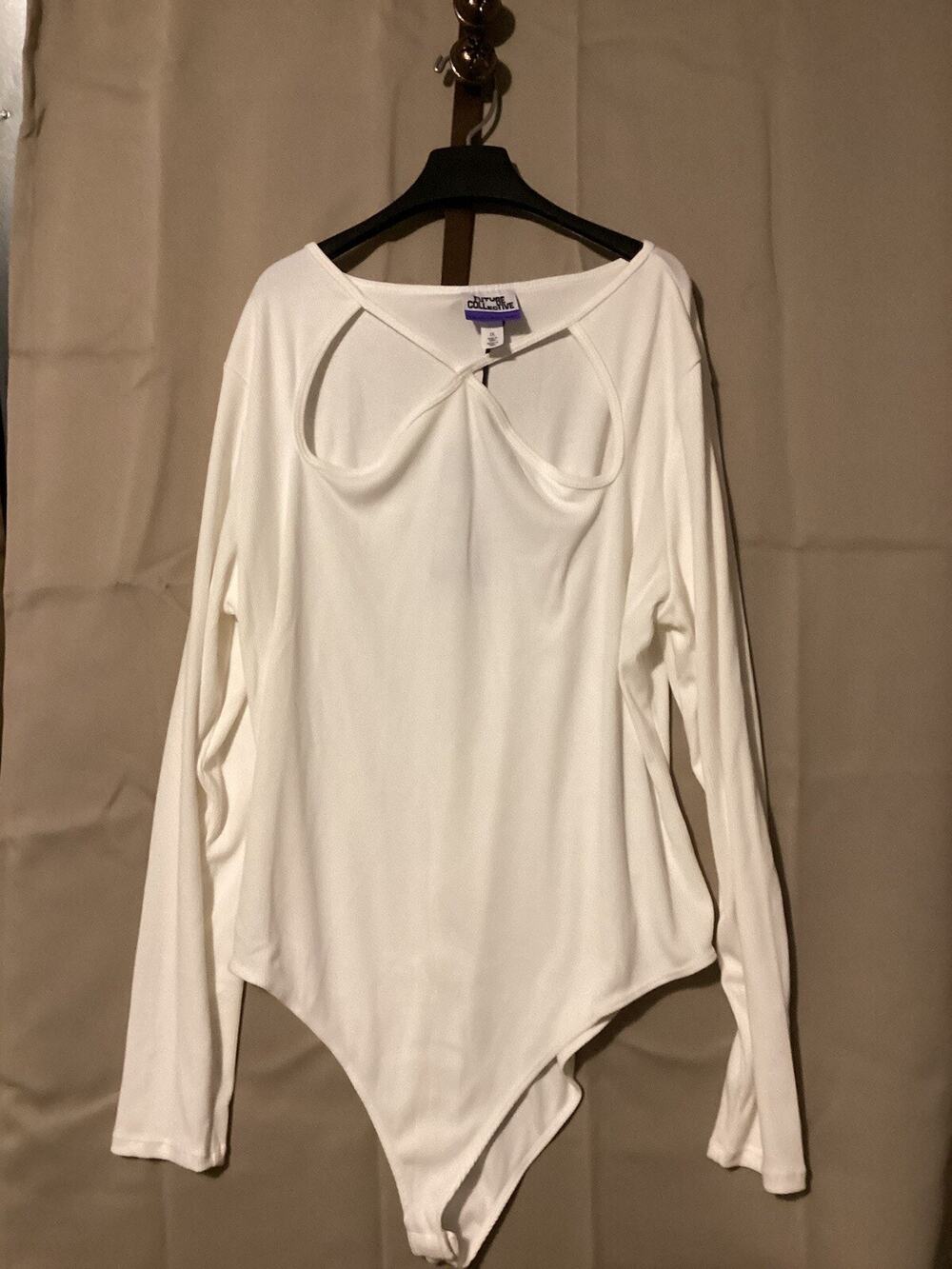 Future Collective Women’s Cutout Ribbed Bodysuit White Long Sleeve Semi Sheer 1X